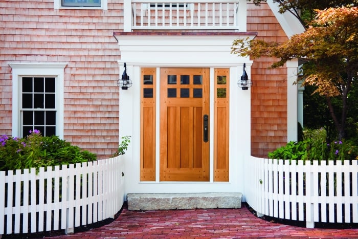 wood front entry door with sidelights and transom
